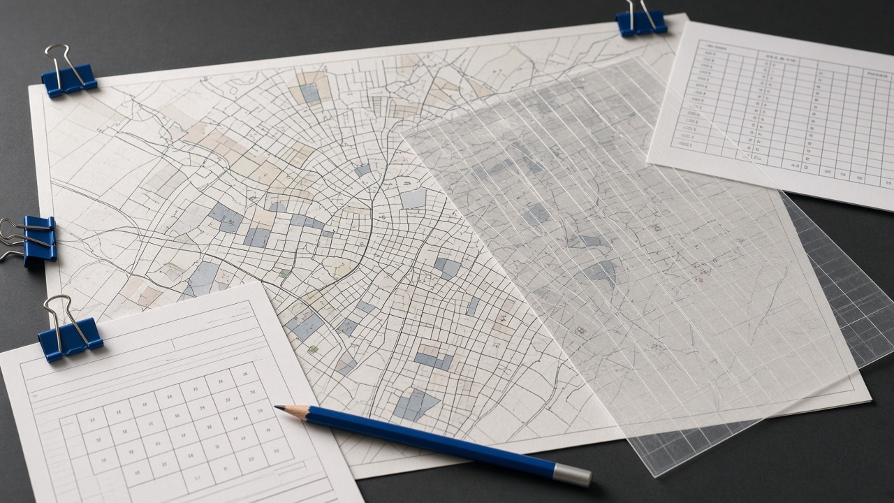 Planta urbanística e documentos de um processo sobrepostos numa mesa de análise.