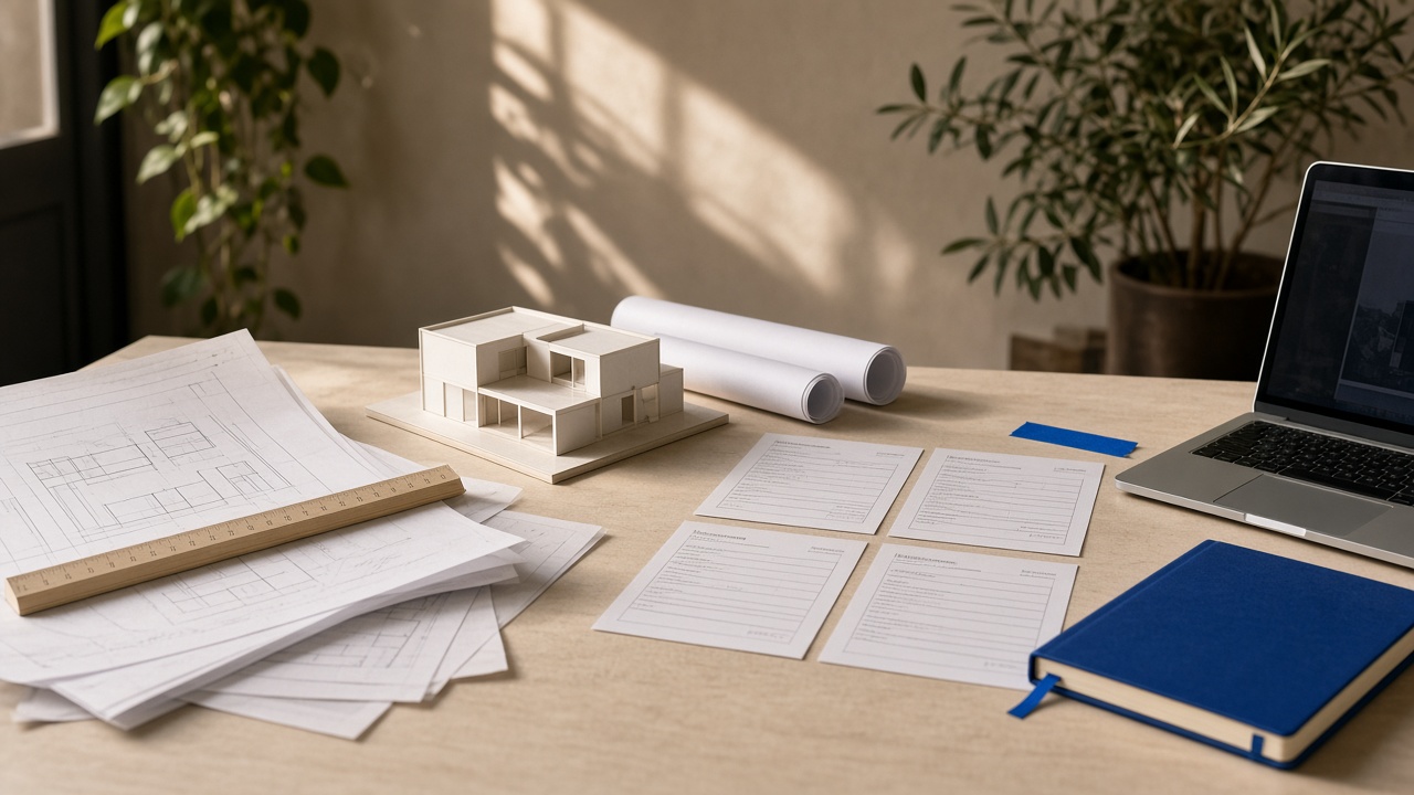 Secretária de um gabinete de arquitetura com desenhos, maquete e formulários de licenciamento.