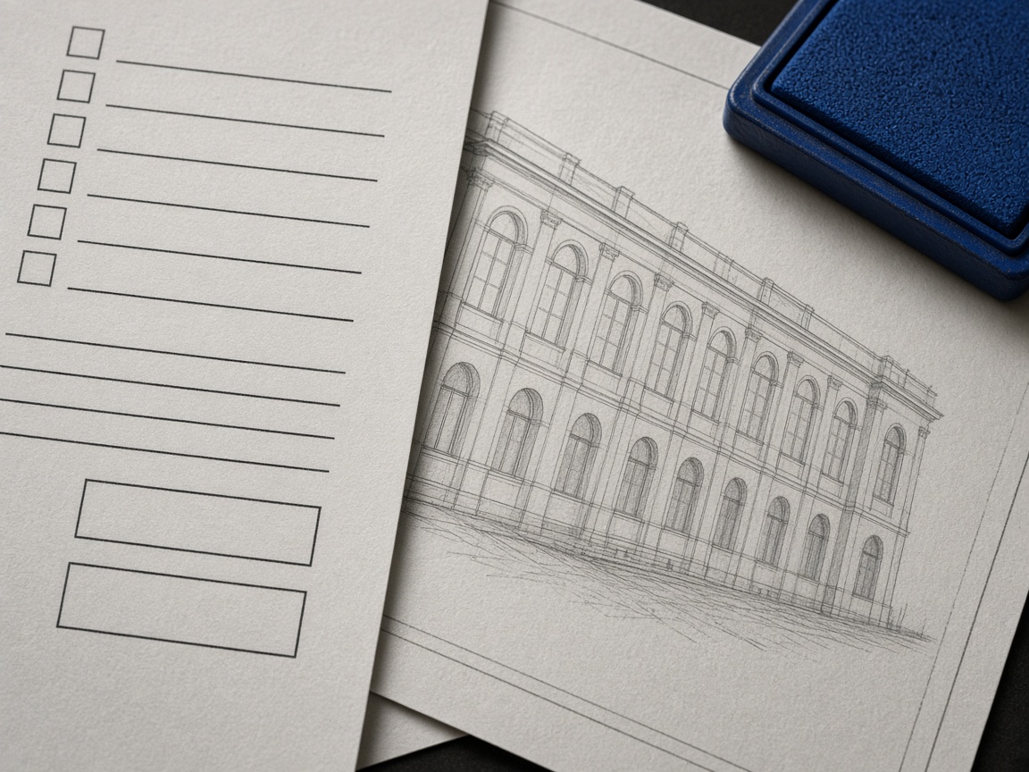 Peças de um processo de licenciamento e uma checklist incompleta sobre a mesa.